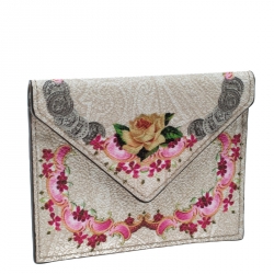 Pre Owned Etro Beige Printed Leather Card Holder Wallet