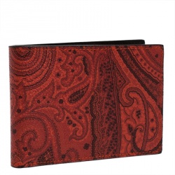 Pre Owned Etro Orange Paisley Printed Coated Canvas Bifold Wallet           