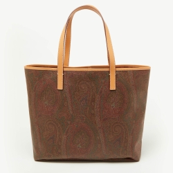 Pre Owned Etro Brown Paisley Printed Coated Canvas and Leather Shopper Tote