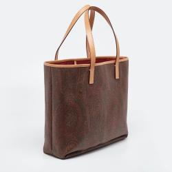 Pre Owned Etro Brown Paisley Printed Coated Canvas and Leather Shopper Tote