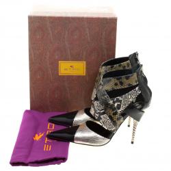 Etro Multicolor Snakeskin/Lizard and Patent Pointed Toe Strappy Sandals Size 39