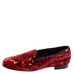 Pre Owned Etro Red Printed Velvet Loafers Size 38