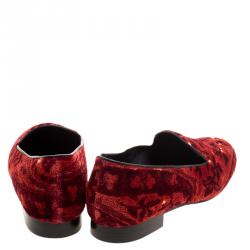 Pre Owned Etro Red Printed Velvet Loafers Size 38