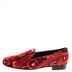 Pre Owned Etro Red Brocade Velvet Smoking Slippers Size 38