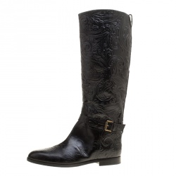 Pre Owned Etro Black Paisley Embossed Leather Knee High Boots Size 41