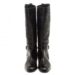 Pre Owned Etro Black Paisley Embossed Leather Knee High Boots Size 41