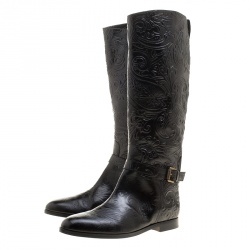 Pre Owned Etro Black Paisley Embossed Leather Knee High Boots Size 41