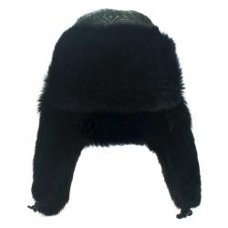 Pre Owned Etro Dark Green Leather and Rabbit Fur Aviator Hat L