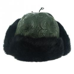 Pre Owned Etro Dark Green Leather and Rabbit Fur Aviator Hat L