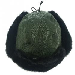 Pre Owned Etro Dark Green Leather and Rabbit Fur Aviator Hat L