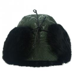 Pre Owned Etro Dark Green Leather and Rabbit Fur Aviator Hat L