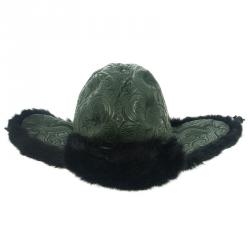 Pre Owned Etro Dark Green Leather and Rabbit Fur Aviator Hat L
