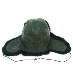 Pre Owned Etro Dark Green Leather and Rabbit Fur Aviator Hat L
