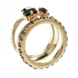 Pre Owned Etro Crystal Embellished Gold Tone Multi Band Ring Size 61