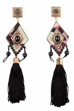 Pre Owned Etro Black Rhombus Embellished Gold Tone Clip-on Long Tassel Earrings
