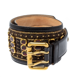 Pre Owned Etro Black Leather Crystal Embellished Waist Belt 75 CM