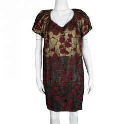 Pre Owned Etro Red and Gold Brocade Short Sleeve Shift Dress L