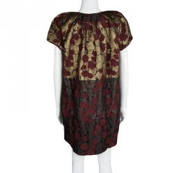 Pre Owned Etro Red and Gold Brocade Short Sleeve Shift Dress L