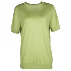 Pre Owned Etro Green Wool Silk Rib Trim Short Sleeve Sweater L