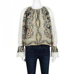 Pre Owned بلوزة إيترو طباعة بيزلي حواف دانتيل بأكمام طويلة S