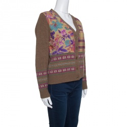 Pre Owned Etro Brown Patterned Wool Floral and Plaid Patch Detail Cardigan L