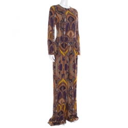 Pre Owned Etro Multicolor Printed Crepe Long Sleeve Wide Leg Jumpsuit M