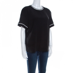 Pre Owned توب ايترو حرير حواف غير متماثلة أكمام قصيرة أسود L