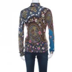 Pre Owned Etro Brown & Multicolor Floral Print Silk & Cashmere Blend Turtleneck Pullover M