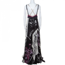 Pre Owned Etro Lavender and Black Floral Printed Silk Draped Maxi Dress M
