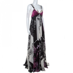 Pre Owned Etro Lavender and Black Floral Printed Silk Draped Maxi Dress M