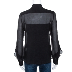 مملوكة مسبقًا Etro Black Crinkled Silk Bow Detail Sheer Blouse M