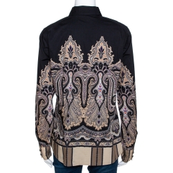Pre Owned Etro Black & Beige Paisley Printed Stretch Cotton Button Front Shirt L