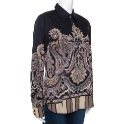 Pre Owned Etro Black & Beige Paisley Printed Stretch Cotton Button Front Shirt L