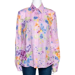 Pre Owned Etro Pink Floral Printed Linen Button Front Shirt L