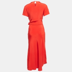 Pre Owned Etro Red Crepe Waist Tie Detail A-Line Midi Dress M