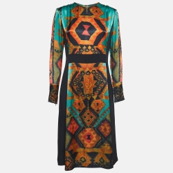 Black & Multicolor Ikat Print Satin & Crepe Full Sleeve Dress
