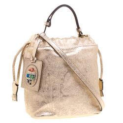 Pre Owned Etro Metallic Gold Paisley Embossed Leather Bucket Bag