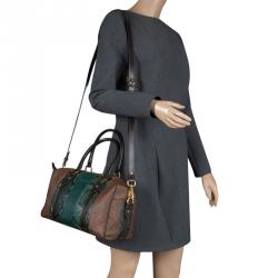 Pre Owned Etro Green Paisley Print and Python Embossed Leather Bowling Bag
