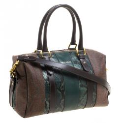 Pre Owned Etro Green Paisley Print and Python Embossed Leather Bowling Bag