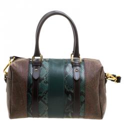 Pre Owned Etro Green Paisley Print and Python Embossed Leather Bowling Bag