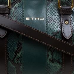Pre Owned Etro Green Paisley Print and Python Embossed Leather Bowling Bag
