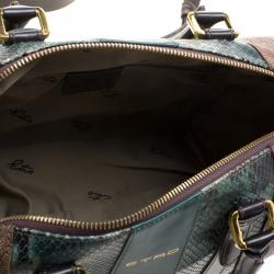 Pre Owned Etro Green Paisley Print and Python Embossed Leather Bowling Bag