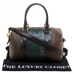 Pre Owned Etro Green Paisley Print and Python Embossed Leather Bowling Bag