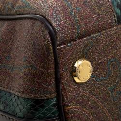 Pre Owned Etro Green Paisley Print and Python Embossed Leather Bowling Bag