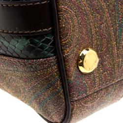 Pre Owned Etro Green Paisley Print and Python Embossed Leather Bowling Bag