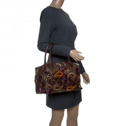 Pre Owned Etro Brown Paisley Printed Coated Canvas Embroidered Boston Bag