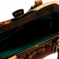 Etro Multicolor Fabric and Ostrich Embossed Leather Frame Satchel