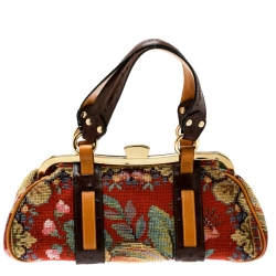 Etro Multicolor Fabric and Ostrich Embossed Leather Frame Satchel