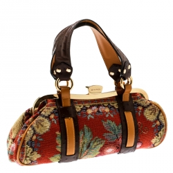 Etro Multicolor Fabric and Ostrich Embossed Leather Frame Satchel