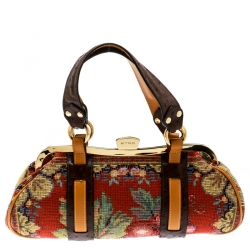 Etro Multicolor Fabric and Ostrich Embossed Leather Frame Satchel